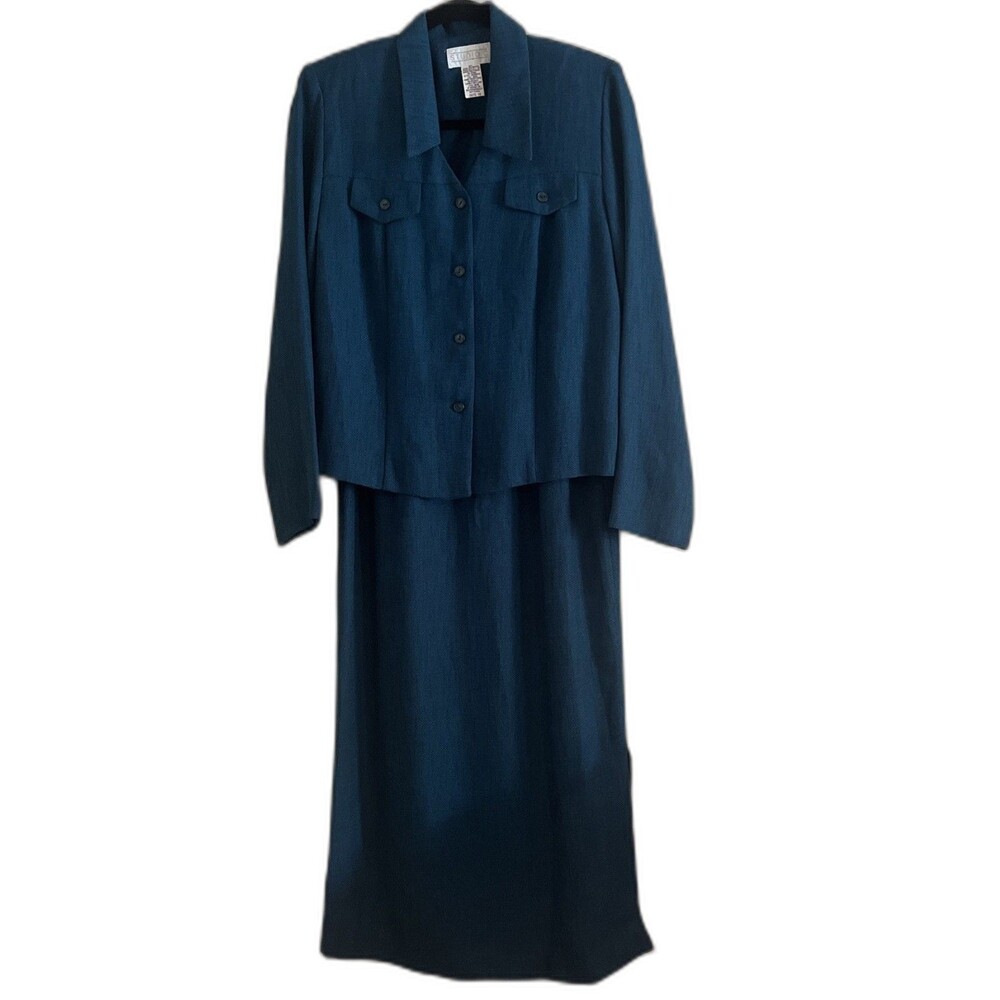 Vintage Studio C 2 Piece Suit Womens 10 Teal Blue Green Midi Long Dress Jacket